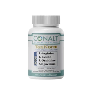 Conalt TanNorm bottle (90 capsules) labeled "3000 mg" listing ingredients L-Arginine, L-Lysine, L-Ornithine, and Magnesium.
