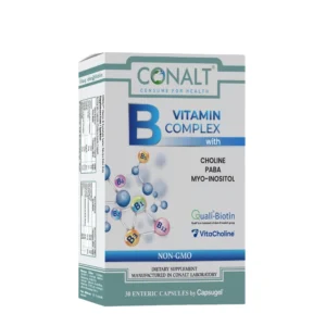 Conalt Vitamin B Complex box (30 enteric capsules) displaying molecule graphic and logos for Quali-Biotin and VitaCholine.