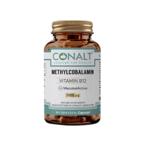 Conalt Methylcobalamin 1000 mcg bottle (50 capsules) displaying MecobalActive logo and B12 dosage.
