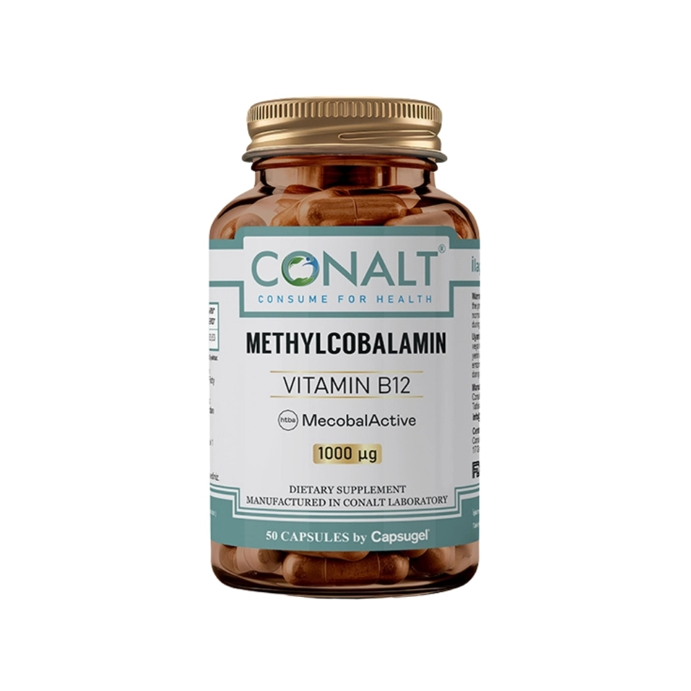 Conalt Methylcobalamin 1000 mcg bottle (50 capsules) displaying MecobalActive logo and B12 dosage.