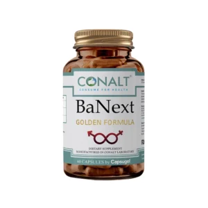 Conalt Banext Golden Formula bottle (60 capsules) showing male/female infinity symbol, labeled L-Arginine & Ginseng