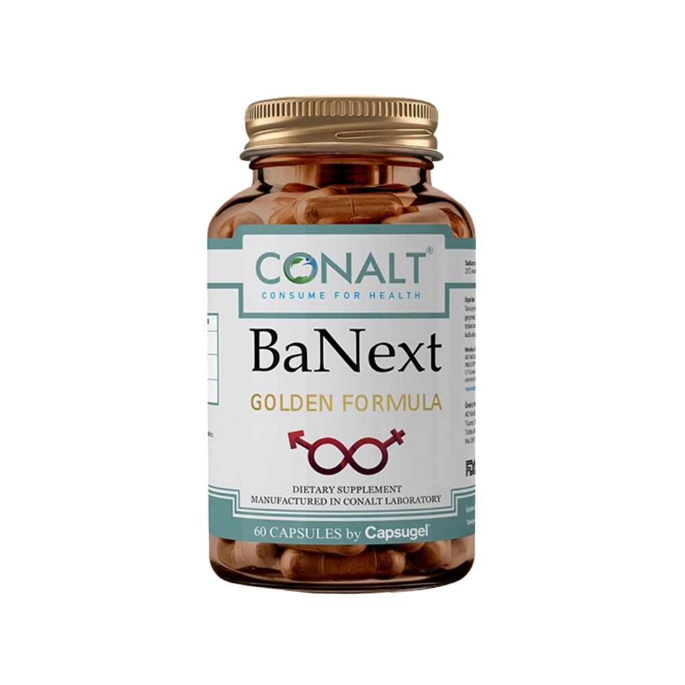 Conalt Banext Golden Formula bottle (60 capsules) showing male/female infinity symbol, labeled L-Arginine & Ginseng