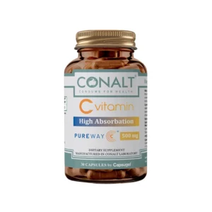 Conalt Vitamin C 500 mg bottle (30 capsules) highlighting "High Absorbation" and "PureWay-C" logo.