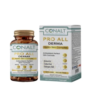 Conalt Pro All Derma bottle (30 capsules) highlighting "Hydro Skin Complex" and logos for Prolastin, Collactive, and Collagen hm.