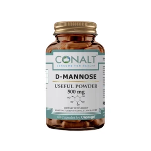 Conalt D-Mannose 500 mg bottle (60 capsules) labeled "Useful Powder" with chemical structure of mannose sugar.