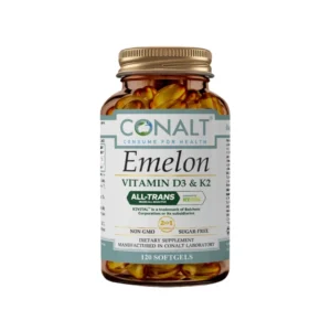 Conalt Emelon bottle (120 softgels) labeled "Vitamin D3 & K2" with K2VITAL logo and "All-Trans" bioactivity badge.