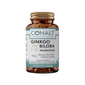 Conalt Ginkgo Biloba 80 mg bottle (30 capsules) highlighting "Standardized" text and Flavone Glycosides content.