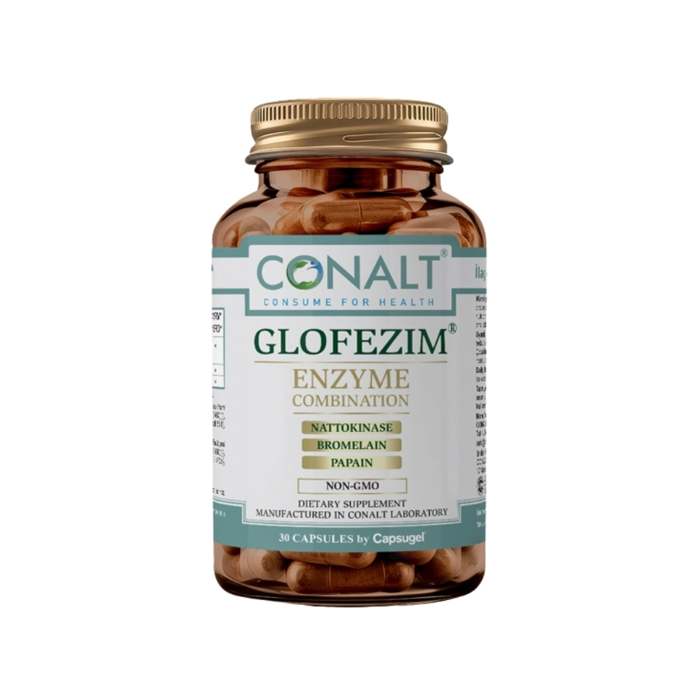 Conalt Glofezim bottle (30 capsules) listing enzymes Nattokinase, Bromelain, and Papain.