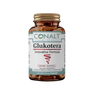 Conalt Glukotera bottle (60 caps) with a red spiral symbol indicating blood sugar control, labeled "Innovative Formula".
