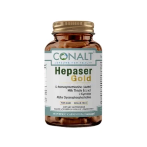 Conalt Hepaser Gold bottle (60 enteric capsules) listing SAMe, Milk Thistle, and L-Cysteine ingredients.