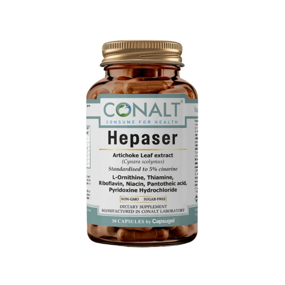 Conalt Hepaser bottle (30 capsules) listing Artichoke Leaf Extract and L-Ornithine ingredients.