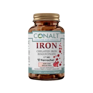 Conalt Iron 17 mg bottle (60 enteric capsules) featuring Ferrochel logo and red blood cell graphic.