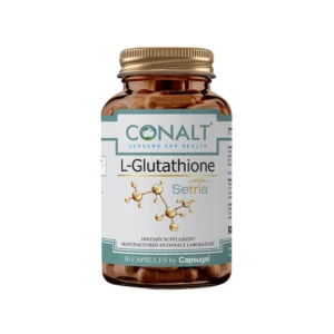 Conalt L-Glutathione bottle (30 capsules) featuring the Setria® logo and chemical structure molecule graphic.