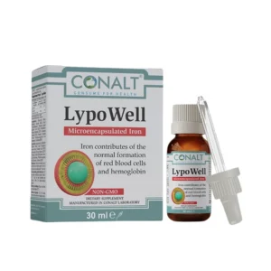 Conalt LypoWell 30ml bottle with dropper, featuring a graphic of a microencapsulated iron molecule and red blood cell benefits.