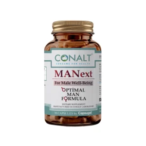 Conalt Manext bottle (30 capsules) labeled "For Male Well-Being" and "Optimal Man Formula" with male gender symbol.
