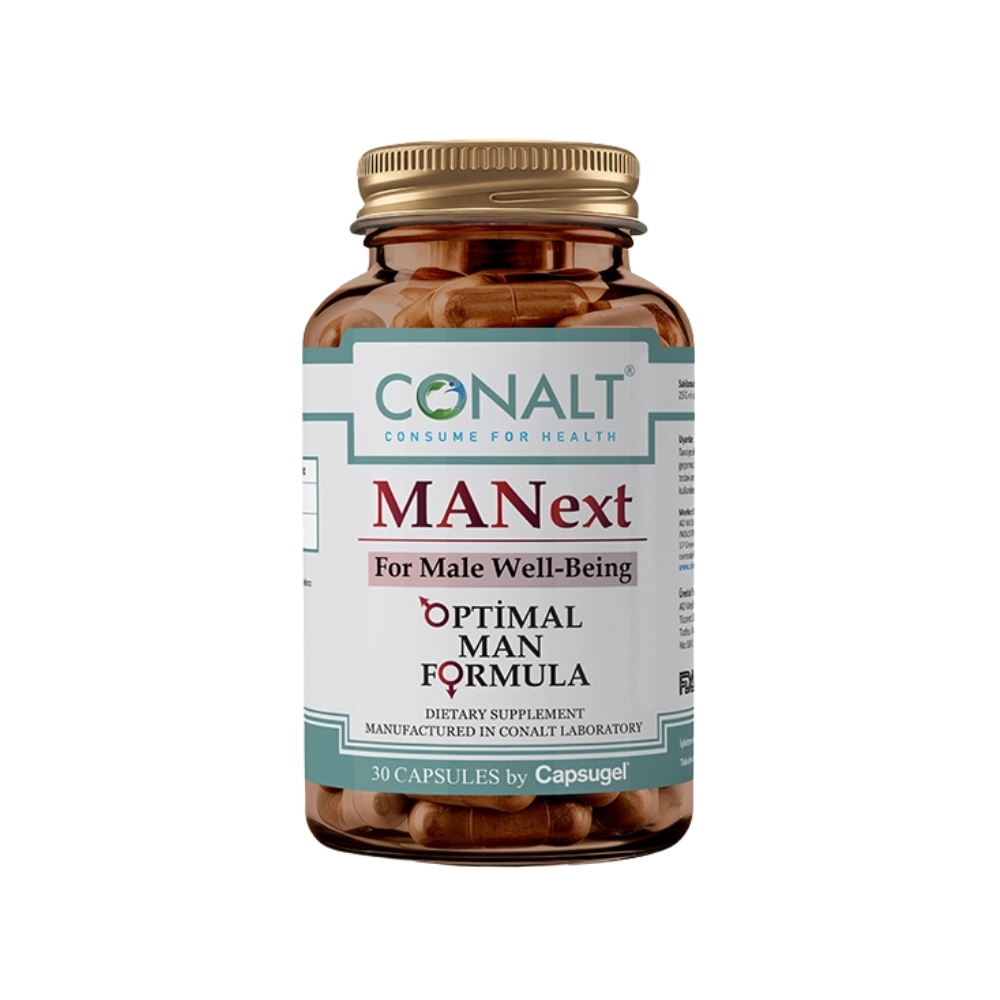 Conalt Manext bottle (30 capsules) labeled "For Male Well-Being" and "Optimal Man Formula" with male gender symbol.