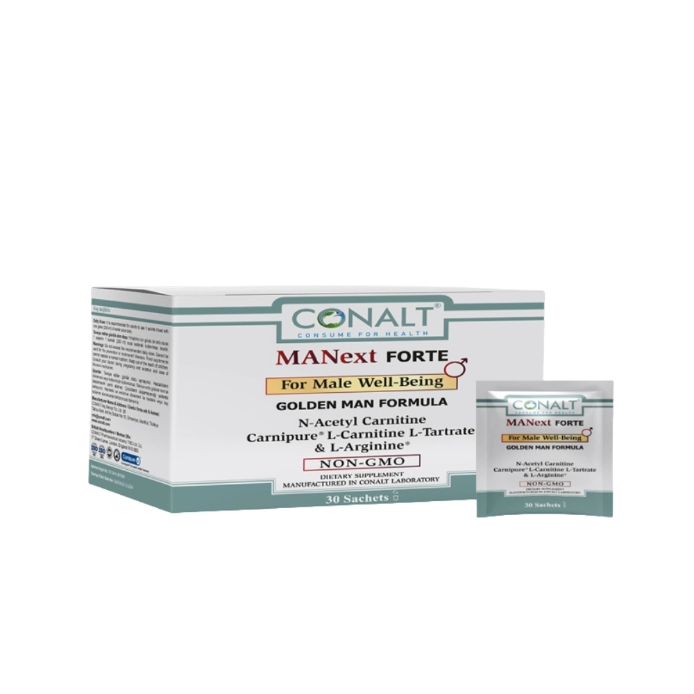 Conalt MANext FORTE box (30 sachets) featuring Carnipure logo and "Golden Man Formula" text.