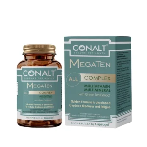 Conalt MegaTen All Complex bottle (30 capsules) highlighting "Multivitamin Multimineral with Green Tea Extract" and Golden Formula text.