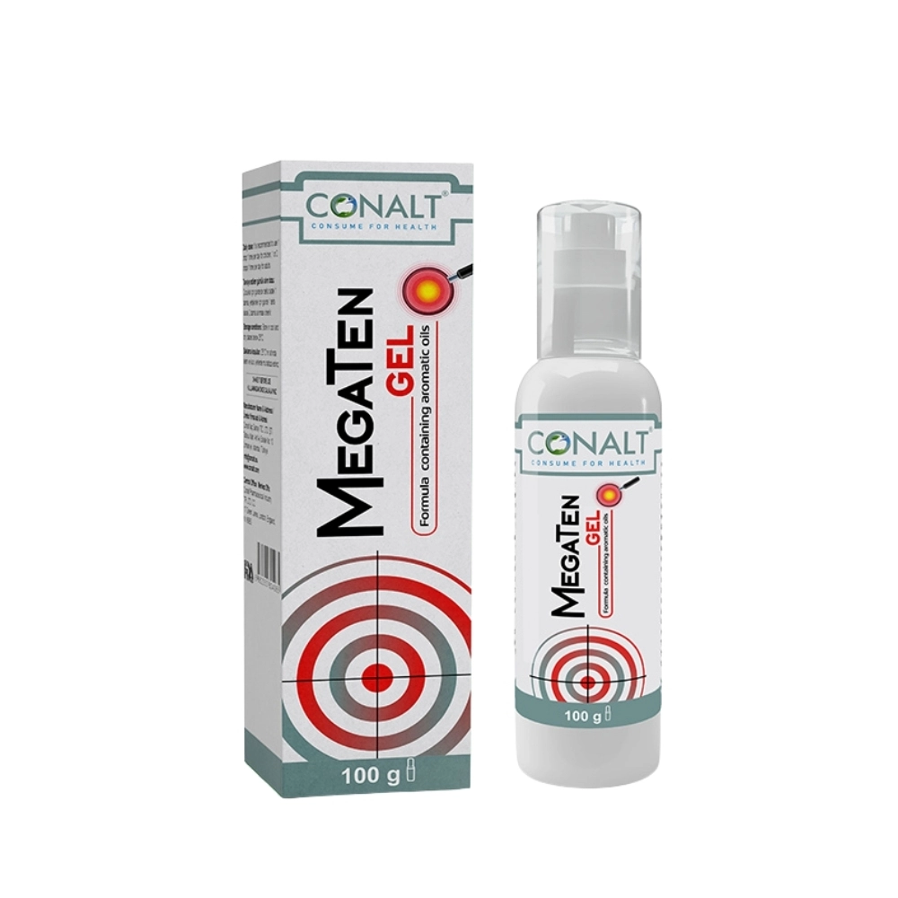 Conalt MegaTen Gel 100ml pump bottle showing target icon for pain relief and text "Formula containing aromatic oils".