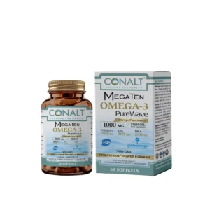 Conalt MegaTen Omega-3 PureWave bottle (60 softgels) highlighting 1000mg Fish Oil, IFOS logo, and GoldenOmega badge.