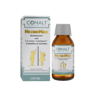 Conalt NemoMax Liquid 150ml bottle with height chart graphic, highlighting L-Lysine and Carnipure ingredients.