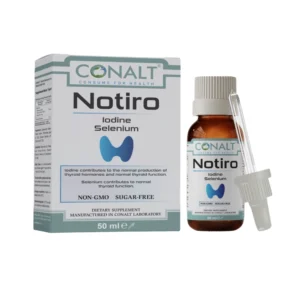Conalt Notiro 50ml bottle with dropper, featuring a blue thyroid gland icon and Iodine/Selenium text.