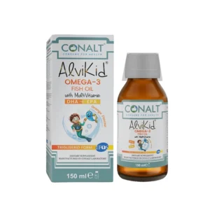 Conalt AlviKid Omega-3 Fish Oil bottle 150ml with a scuba diving boy and fish graphic, showing IFOS and Triglyceride Form labels.