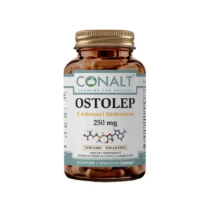 Conalt Ostolep bottle (30 enteric capsules) showing chemical structure of S-Adenosyl Methionine and dosage 250 mg.