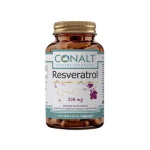 Conalt Resveratrol 250 mg bottle (30 capsules) showing chemical structure and grape vine illustration.