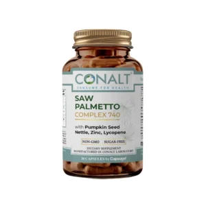 Conalt Saw Palmetto Complex 740 bottle (30 capsules) listing Pumpkin Seed, Nettle, Zinc, and Lycopene ingredients.
