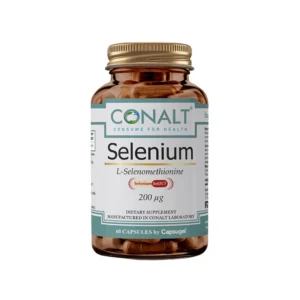 Conalt Selenium 200 mcg bottle (60 capsules) showing Selenium SeLECT logo and L-Selenomethionine text.