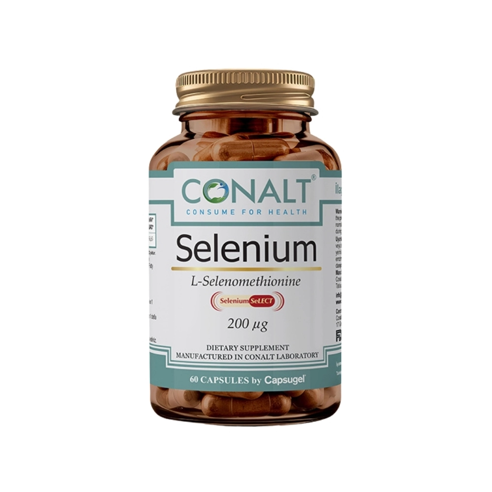 Conalt Selenium 200 mcg bottle (60 capsules) showing Selenium SeLECT logo and L-Selenomethionine text.