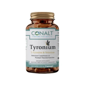 Conalt Tyronium bottle (60 capsules) featuring a butterfly logo (thyroid symbol), labeled L-Tyrosine & Selenium.