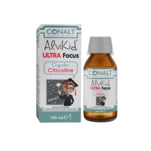 Conalt AlviKid Ultra Focus bottle (150ml) featuring the Cognizin Citicoline logo and a smart student character.