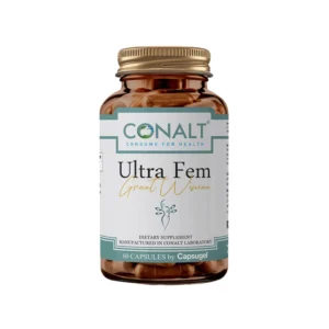 Conalt Ultra Fem bottle (60 capsules) labeled "Great Women" featuring female silhouette logo and vitality ingredients.