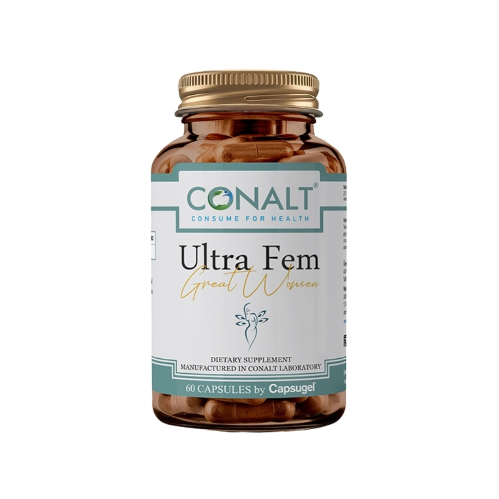 Conalt Ultra Fem bottle (60 capsules) labeled "Great Women" featuring female silhouette logo and vitality ingredients.