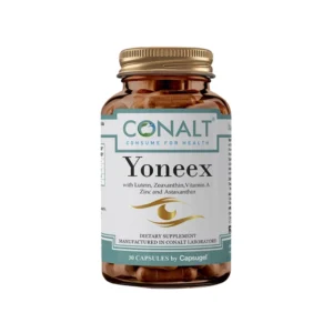 Conalt Yoneex bottle (30 capsules) featuring a golden eye icon and listing Lutein, Zeaxanthin, and Astaxanthin.