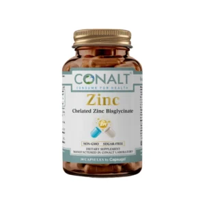Conalt Zinc Bisglycinate bottle (30/60 capsules) showing "Chelated" text and Zn molecule graphic.