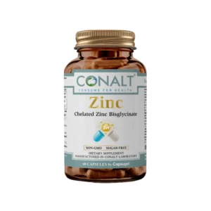 Conalt Zinc (60 Capsules) Bisglycinate bottle showing "Chelated" text and Zn molecule graphic.