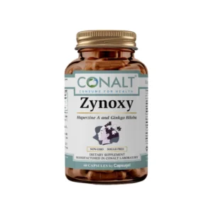 Conalt Zynoxy (60 capsules) with an illustration of a head and puzzle pieces, highlighting Ginkgo Biloba and Huperzine A content.